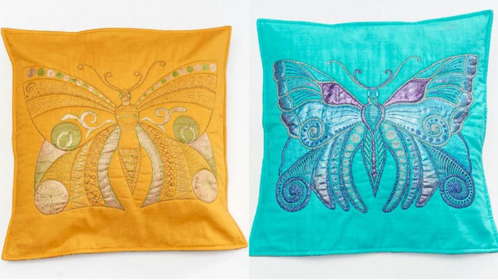 Butterfly cushion workshop using Marabu paints with Vendulka Battais